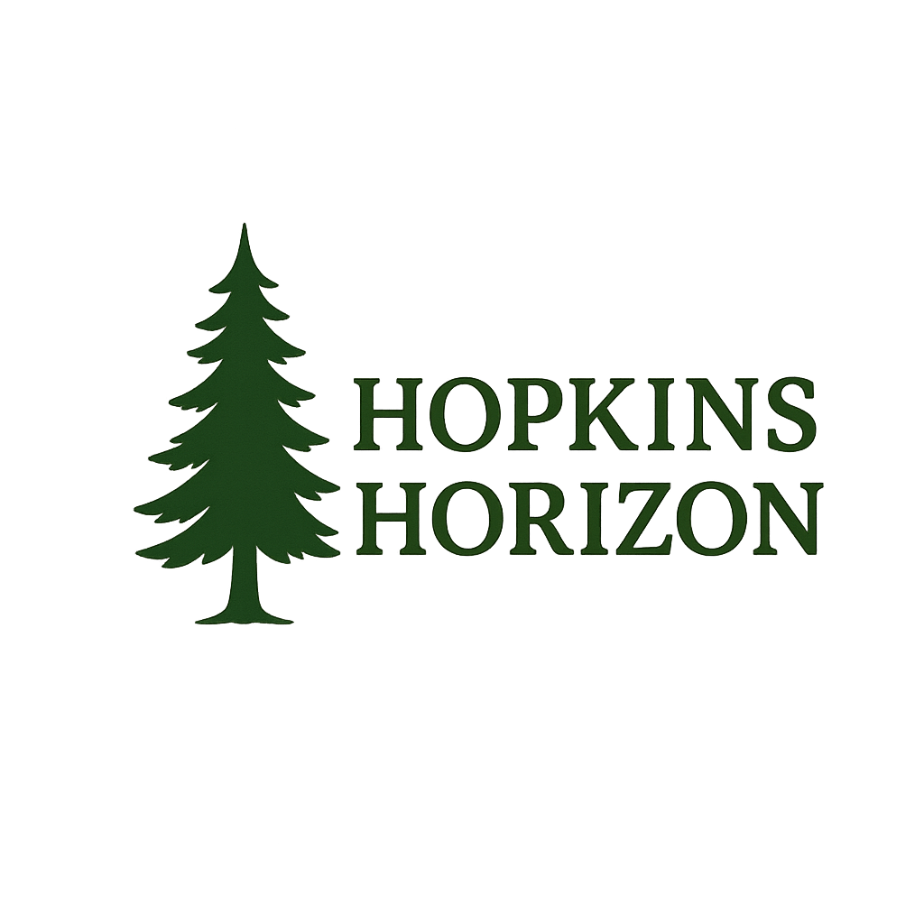 A logo with a tree and the words "Hopkins Horizon" in green on a black background.